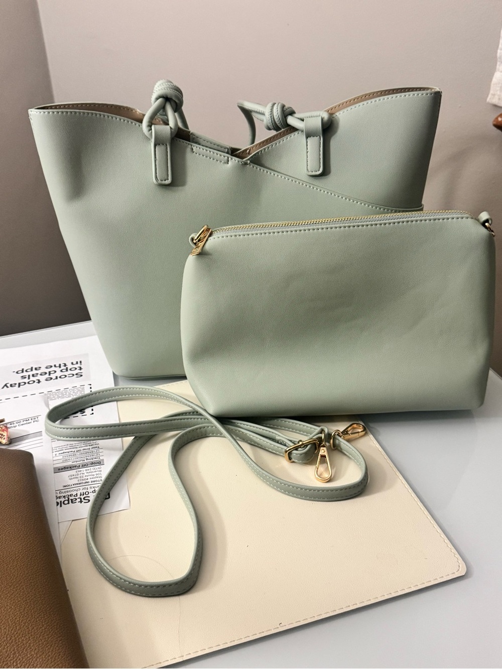 Ello Mint Green V Tote Bag with Removable Pouch & Adj. Crossbody Strap-NWOT